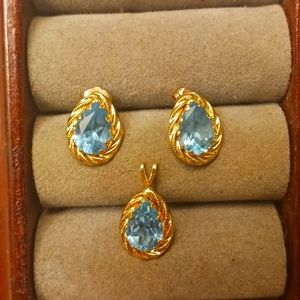 14ct gold blue topaz earrings and necklace pendant